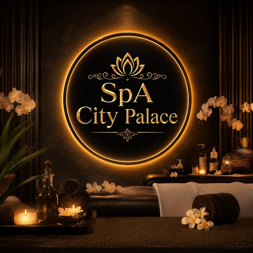 Treatment room at SpA City Palace, lit by candlelight beneath the gold house emblem